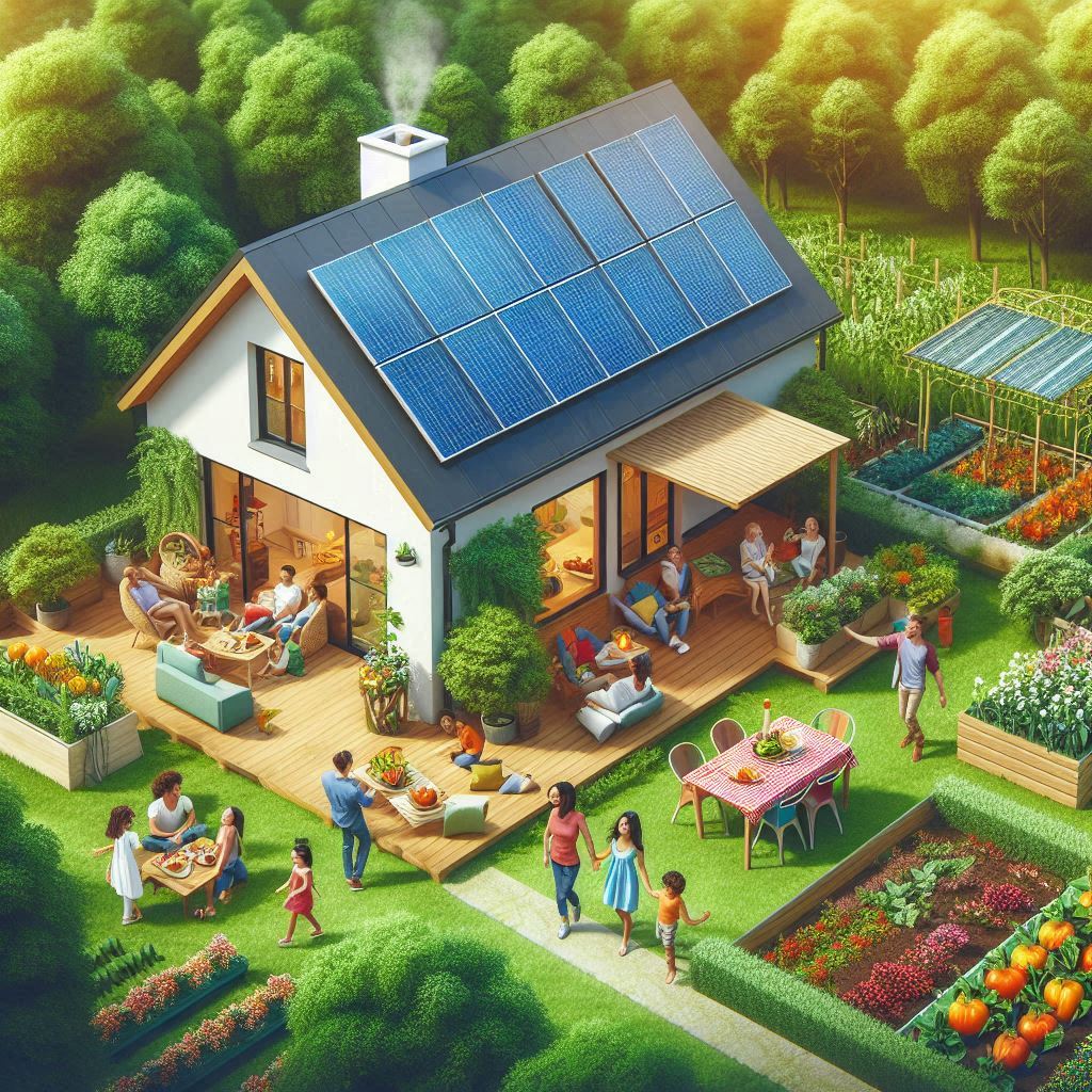 Image représentant un mode de vie durable, incluant des éléments comme la nature, l'énergie verte et des actions écoresponsables.